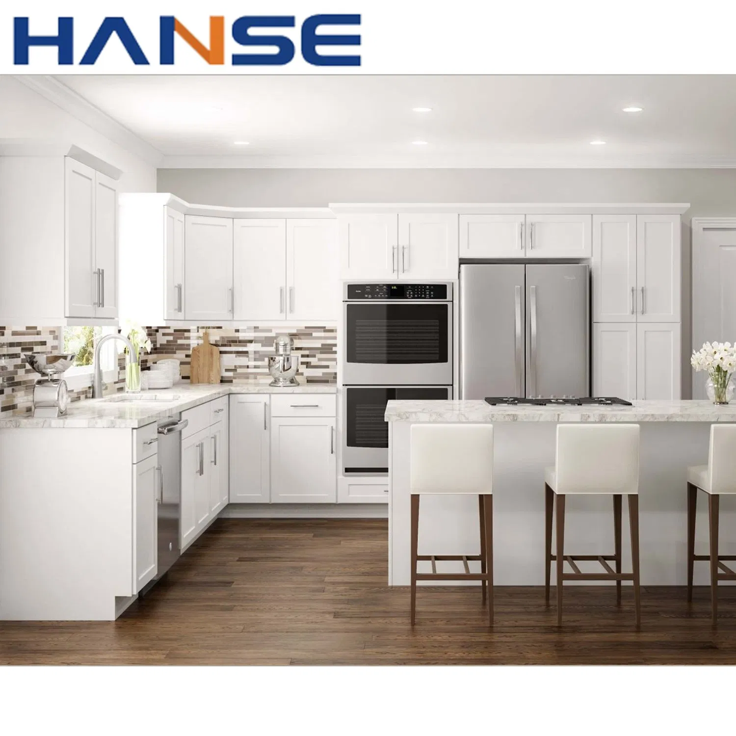 Custom Rta Modern PVC Glossy White Modular Kitchen Cabinet with Island