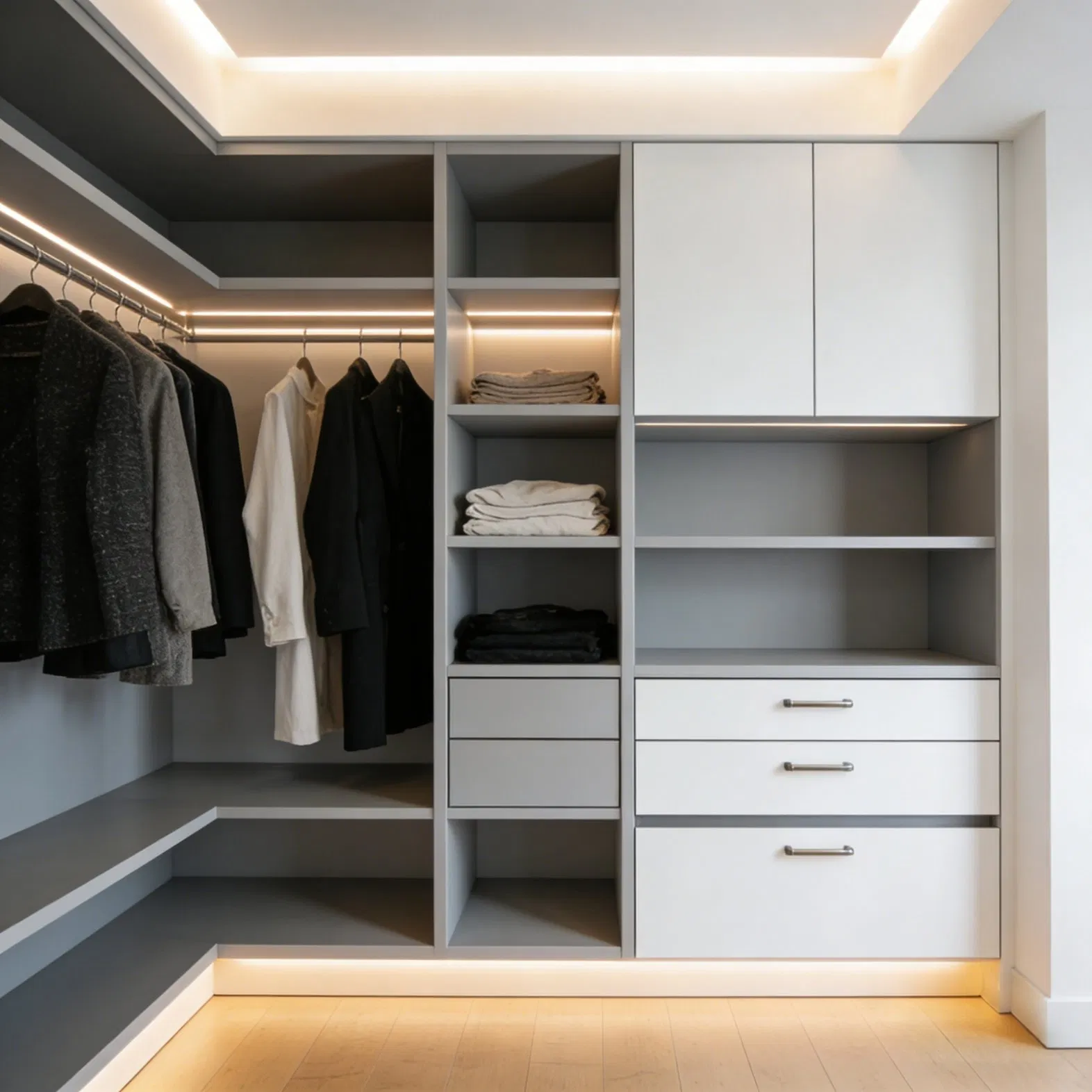 Modular Walk-in Wardrobe System with Easy-to-Clean Wooden Cabinets