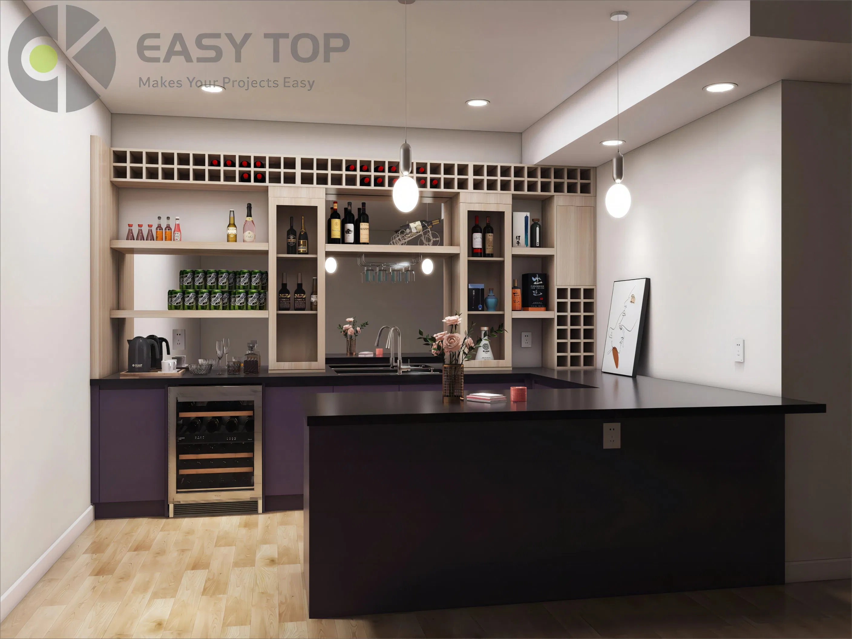 Matte Purple Custom Kitchen Furniture PVC Finish Design Kitchen Cabinets