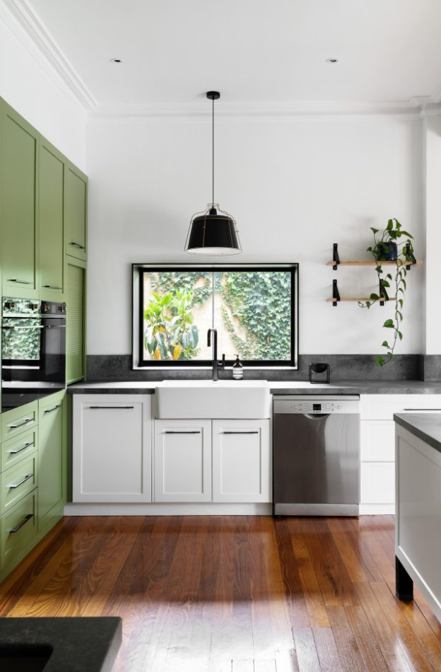 Whole House Customization Beautiful Green Shaker L-Shaped MDF Lacquer Finish Home Furniture Canada Kitchen Cabinets