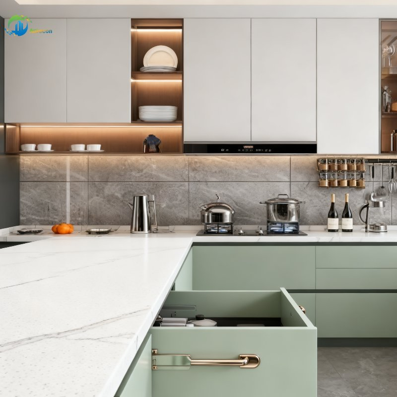 L-Shaped Light Green Kitchen Cabinets with Dishwasher