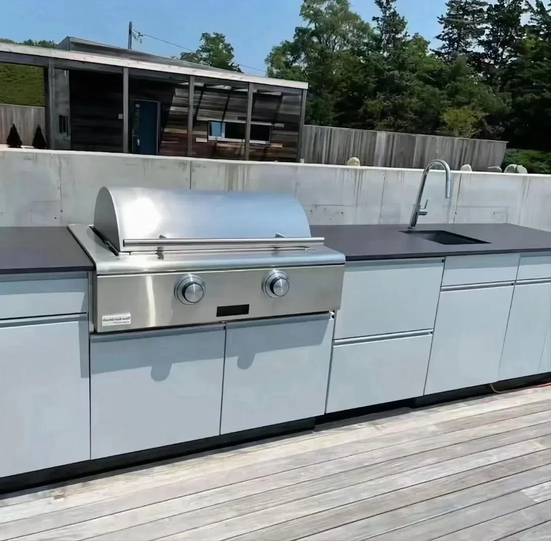 Waterproof Aluminium Alloy Frame Quartz Stone Outdoor Kitchen Cabinet Design