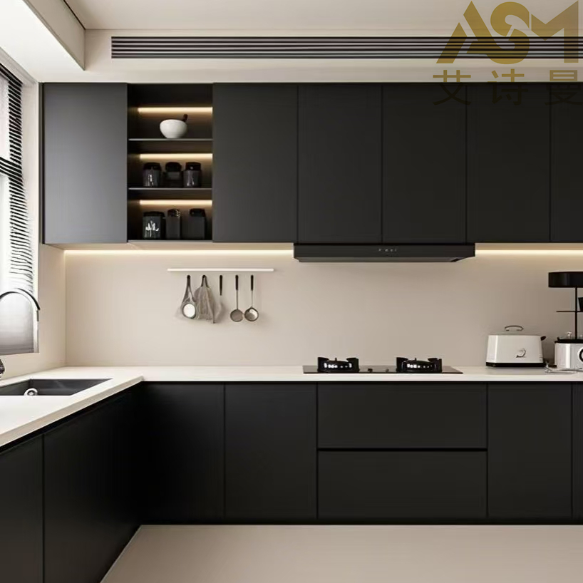 Modern Matte Finish Black Compact Modular Kitchen Cabinet Furniture Oak Solid Wood Compact Flat Pack Outdoor Wood Kitchen Cabinets