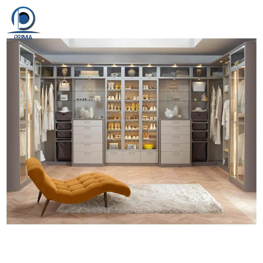 Glass Door Wooden Wardrobe Shelving Bedroom Wall Closet Systems Custom Walk in Closet Wooden Wardrobe