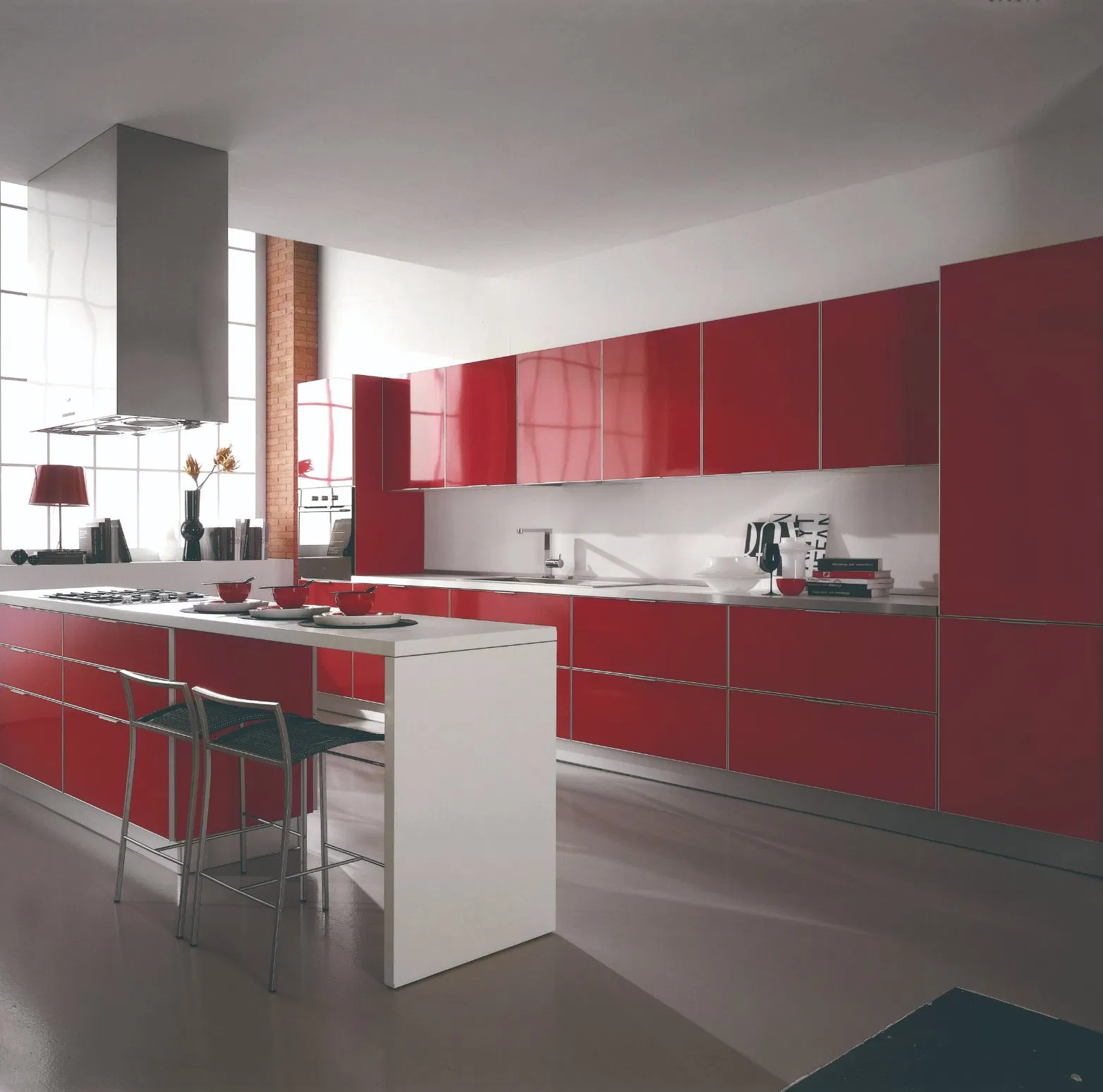 Modern Home Furniture High Glossy Red Lacquer with Large Island Custom Modern Kitchen Cabinet