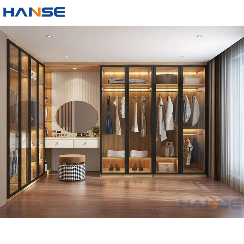 Customized Modern Aluminum Frame Glass Doors Built in Closet System Luxury Elegant Walk in Closet Wardrobe with Accessories