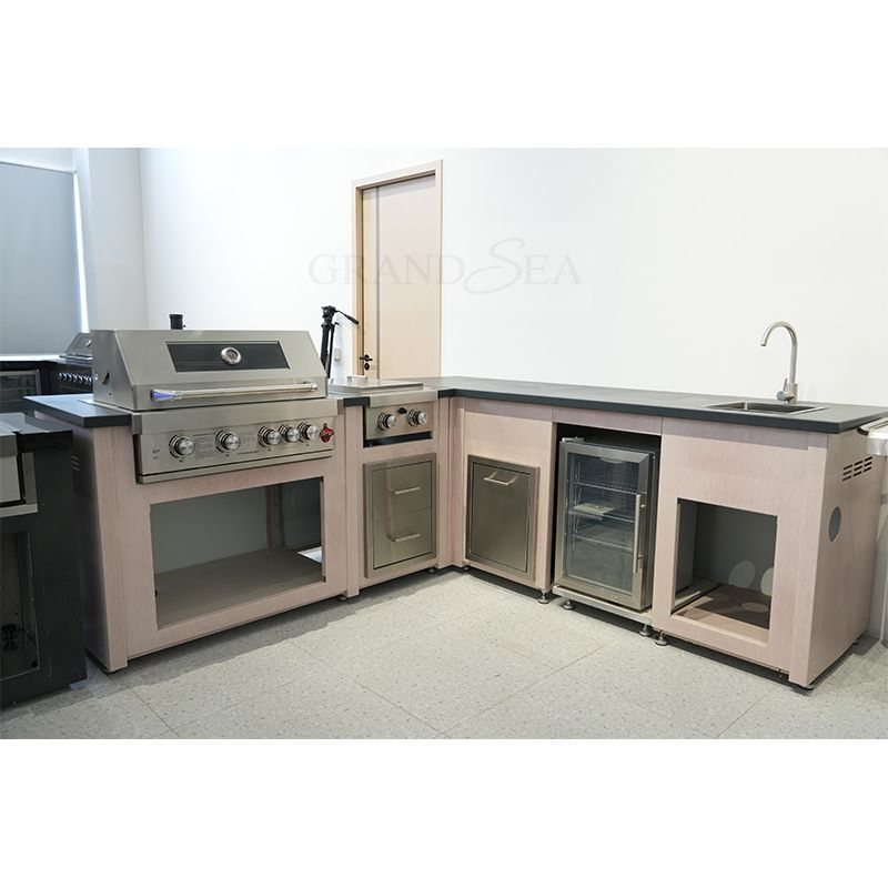 L Shaped Pink Modern Outdoor Stainless Steel Kitchen Cabinets with Stove