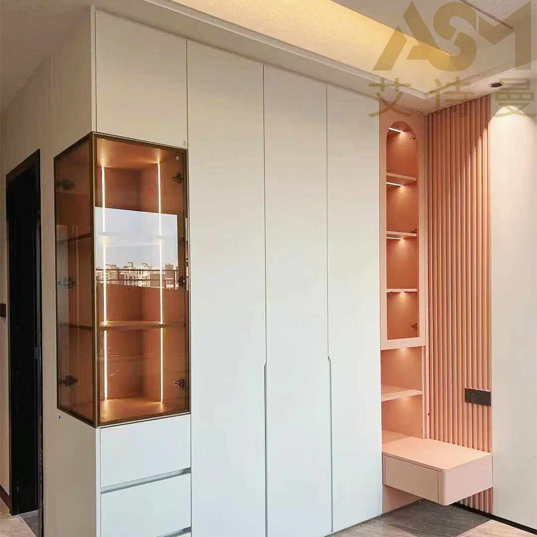 High End Closet Systems Tempered Glass Wardrobe with LED Light Wooden Custom Bedroom Wardrobe Bedroom Furniture Walk in Closet