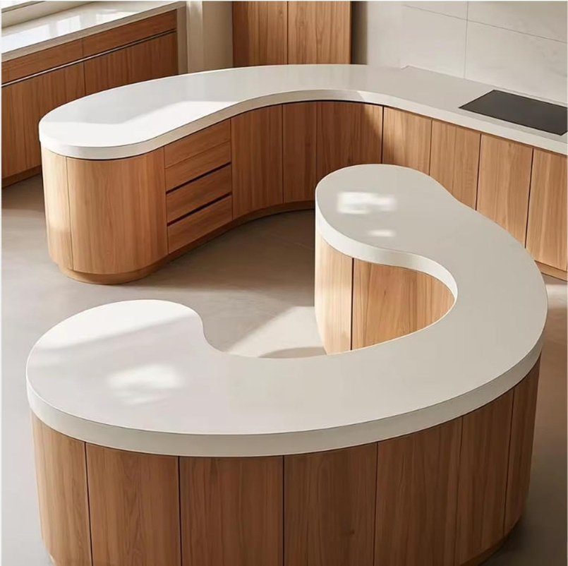China Factory Supply Sustainable Curved Kitchen Pantry Cabinet Set Two-Tone White Matte Finish MDF Glass Faucet Reception