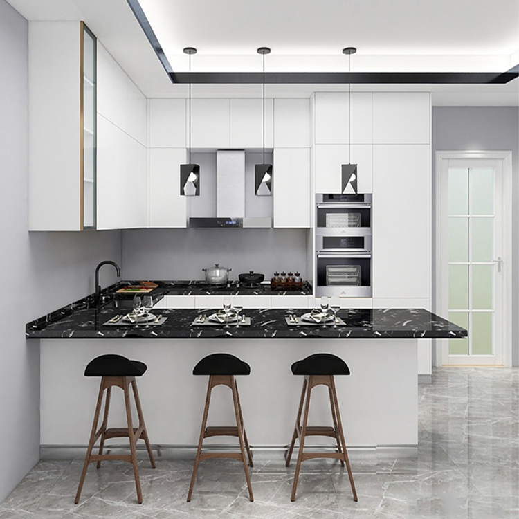 Modern Marble Top Handleless Kitchen Cabinets New Interior Design Matt Finish Lacquer Kitchen Island Cabinet