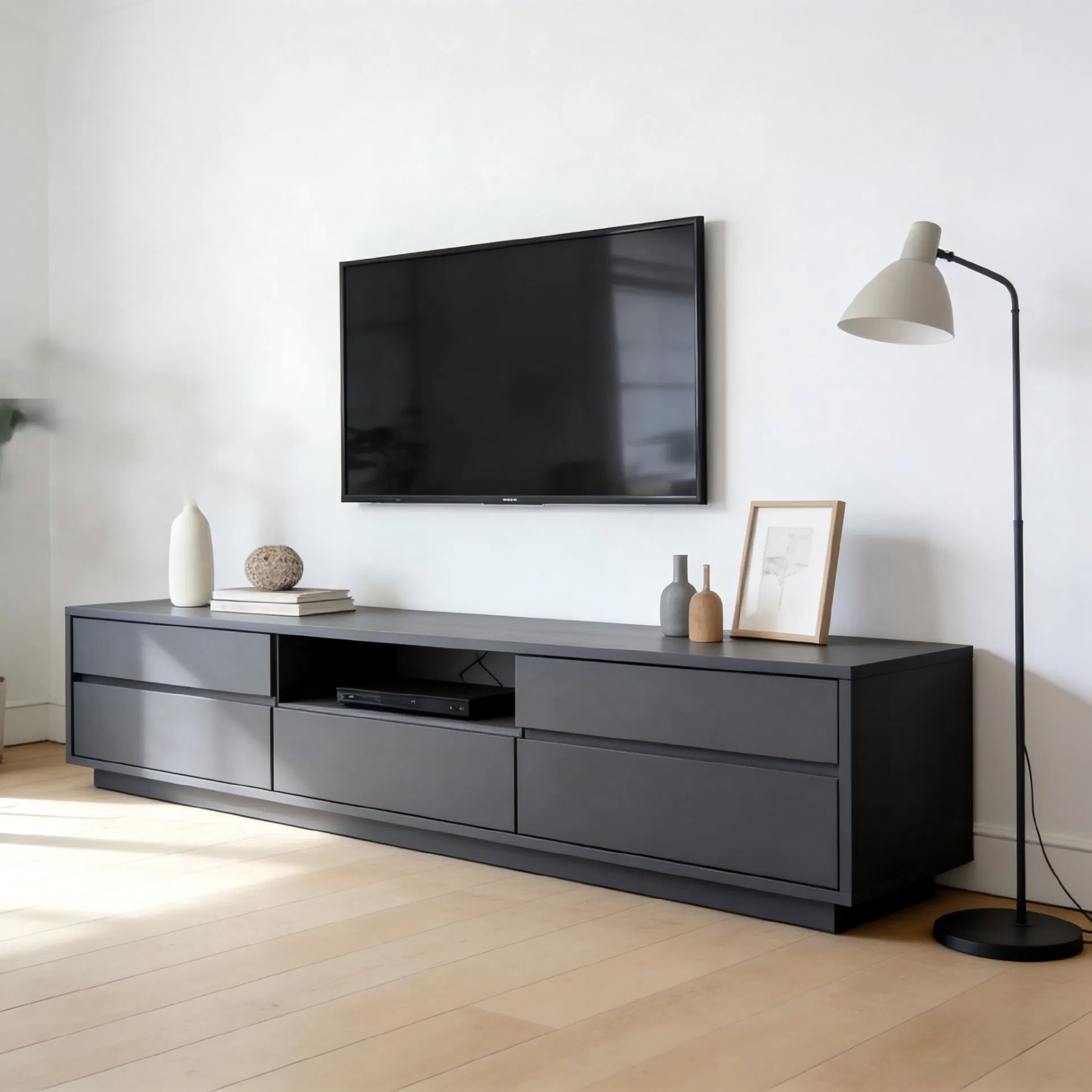 Modern Grey Living Room Media Cabinet with Compartment Storage