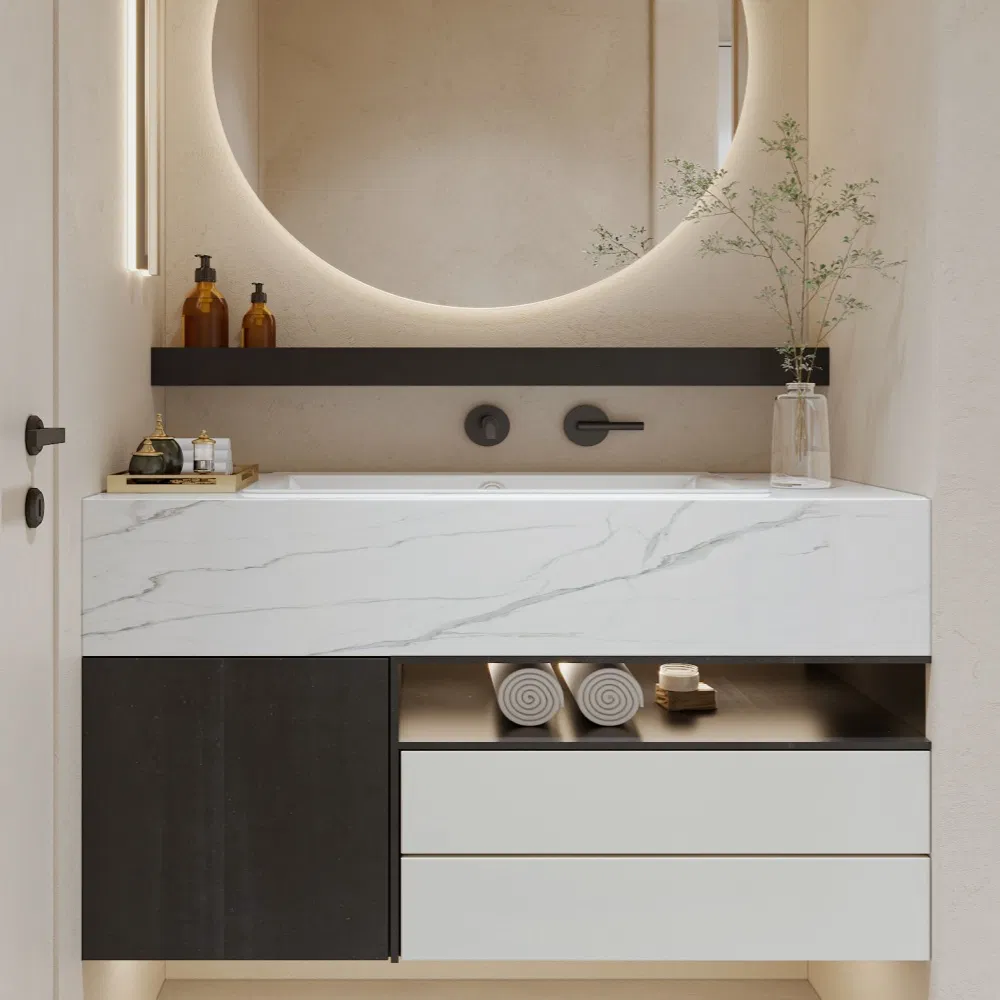 Swete Suspended Bathroom Cabinet with Illuminated Round Mirror