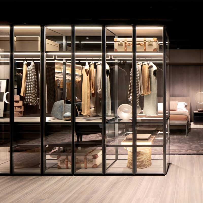Italian Minimalism Style Glass Wardrobe Cabinet Modern Modular Custom Bedroom Wardrobe Closet Multi-Functional Storage Cabinet