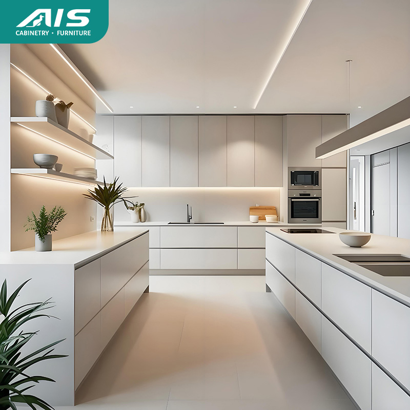 AIS 2025 Modern Custom High White Gloss Solid Wood Lacquer Kitchen Cabinet Modural Luxury Kitchen Furniture Set with Island