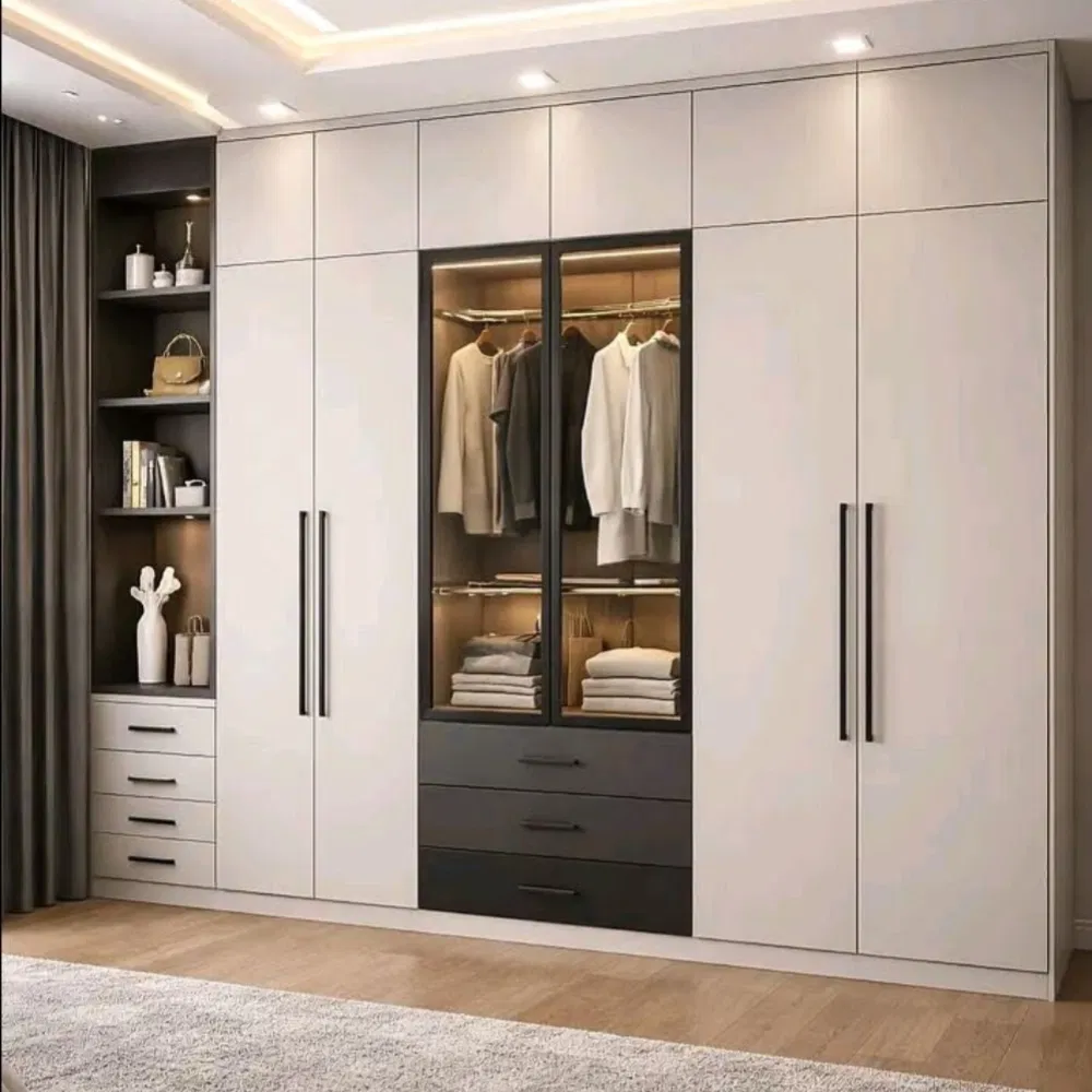 Custom Modern L-Shaped Corner Wardrobe with Open Shelves and Soft-Close Hinged Doors for Bedroom Storage
