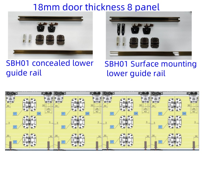 18mm Thickness Partition Hidden Sliding Folding Bifold Wooden Door Wardrobe Door Hardware System Fitting Kit with Spring Hinge