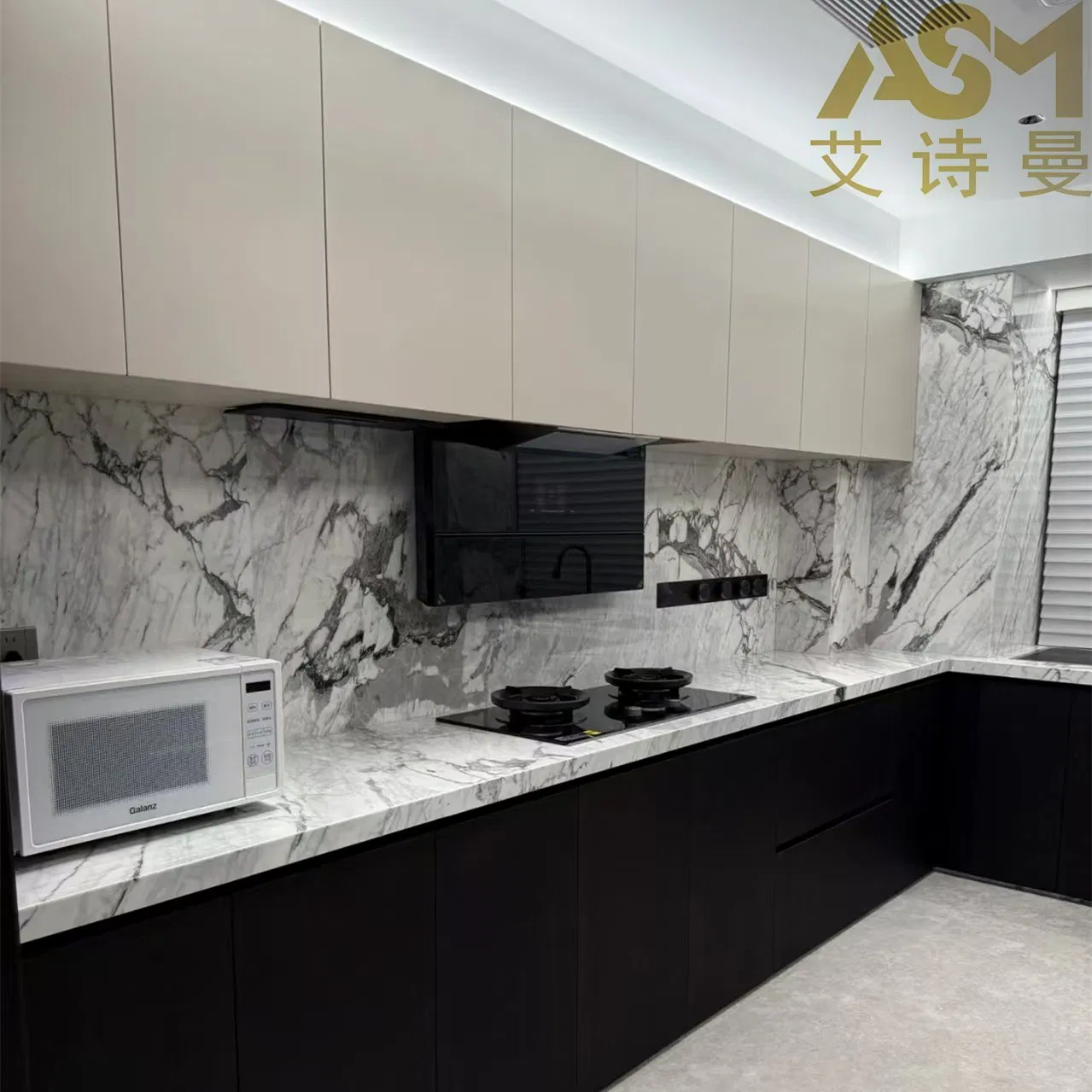 Asm Cream White L-Shaped Custom Set for Small Kitchens, E0-Grade Moisture-Resistant Panels, Includes Quartz Countertop Outdoor Flat Pack Design Kitchen Cabinet