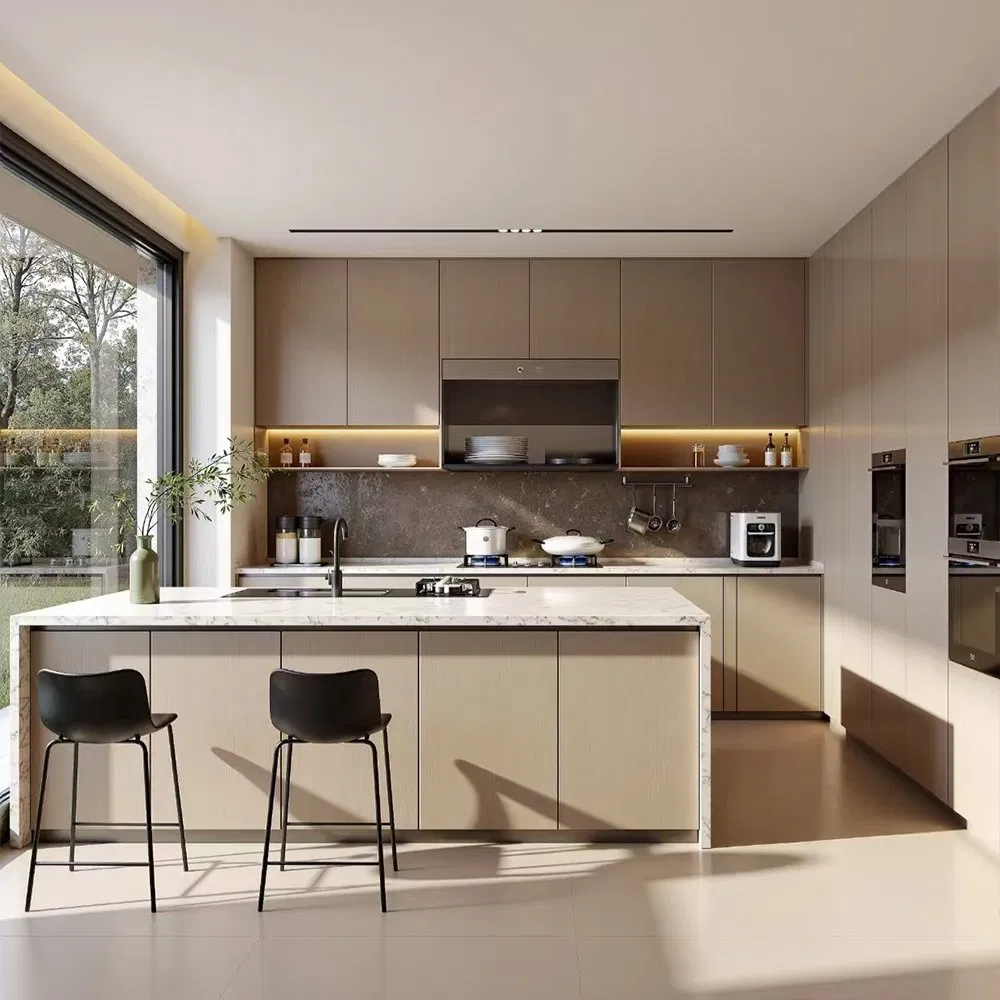 Modern Handleless MDF Kitchen Cabinets with Push-to-Open Feature