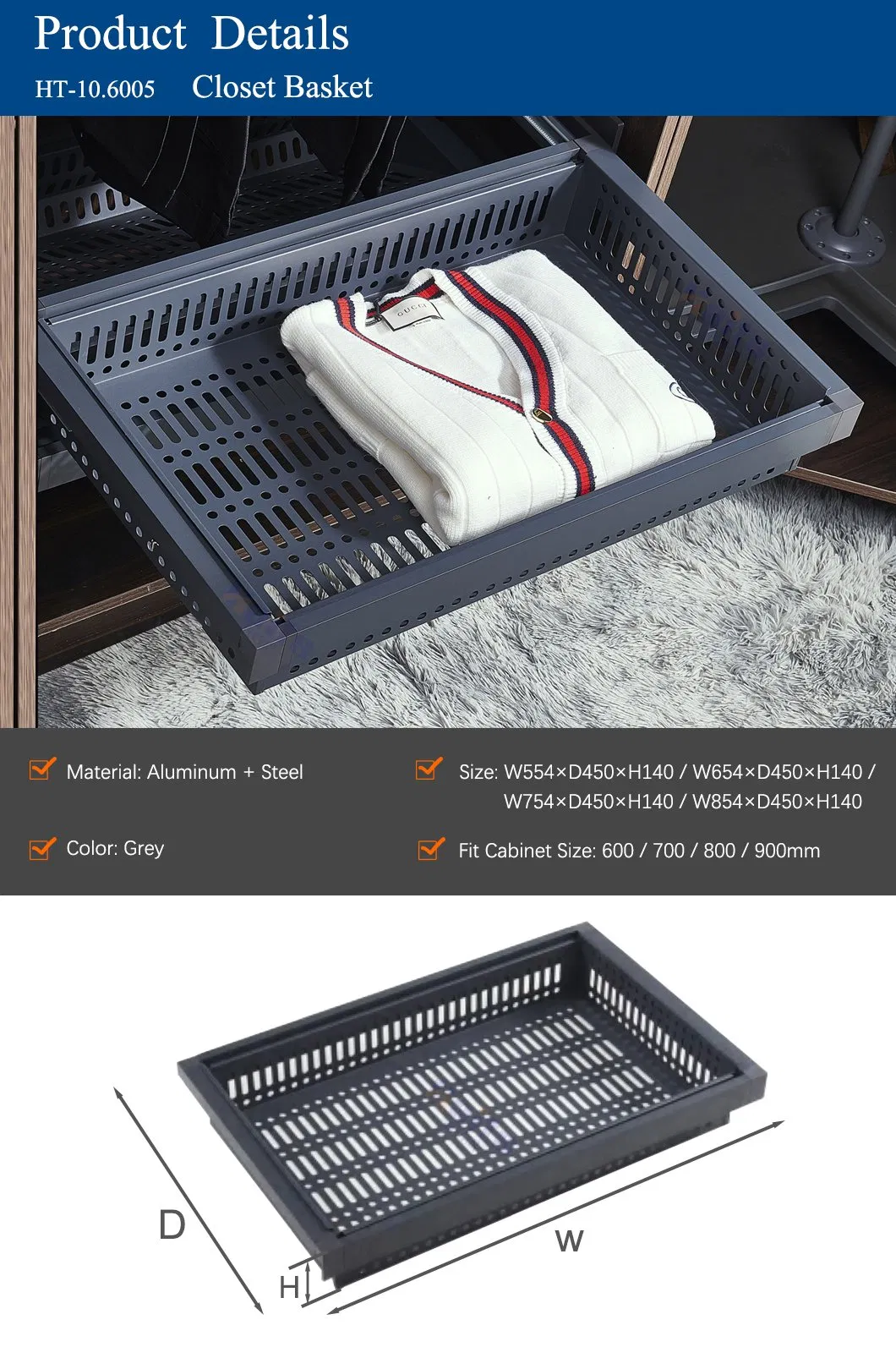 Walk in Wardrobe Storage Systems Sliding Clothes Storage Basket