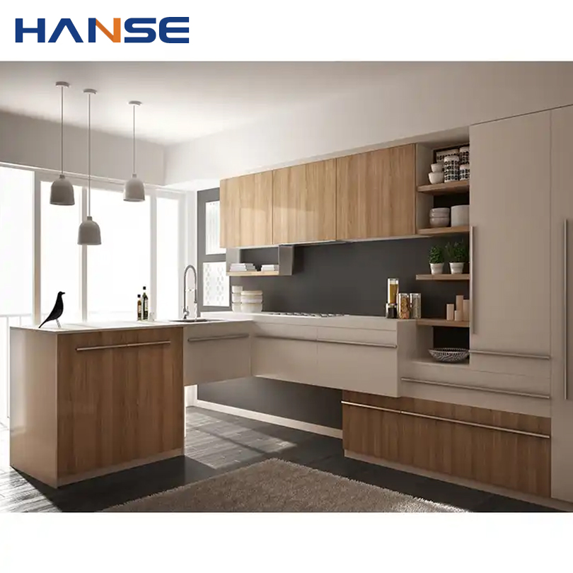 Handleless Gray Simple Island Kitchen Cabinets High Glossy Melamine MDF Chipboard Kitchen Cabinet