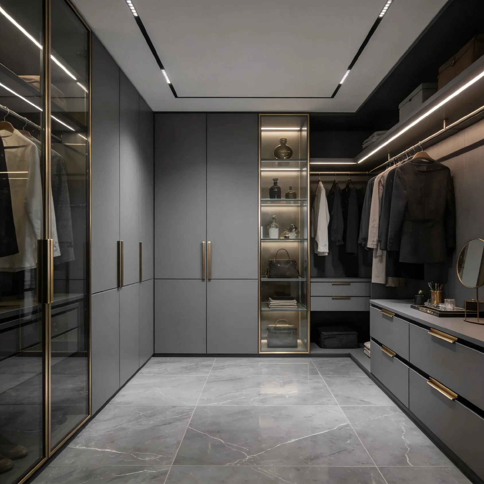 Walk-in Closet Wardrobe System with Floor-to-Ceiling Storage Design