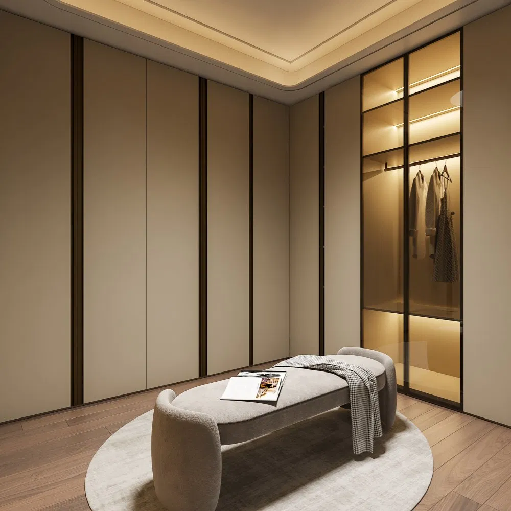 Custom Modern L-Shaped Corner Wardrobe with Open Shelves and Soft-Close Hinged Doors for Bedroom Storage