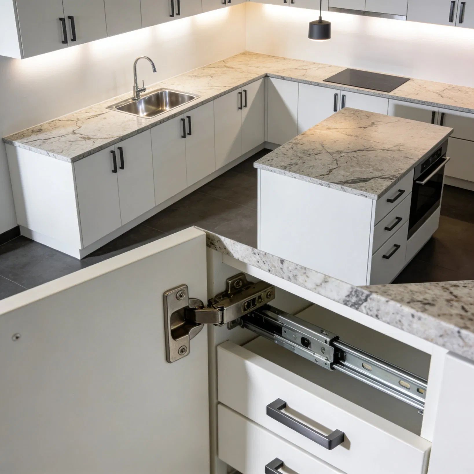 High-End Timeless Kitchen Cabinet with Premium Matte Finish, Seamless Curved Design &amp; Efficient Drawer Storage