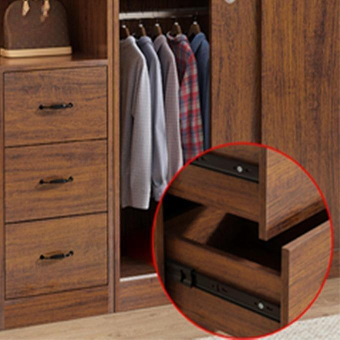 Modern Sliding Door Wardrobe with Brown Wood Grain and Multi-Functional Storage System