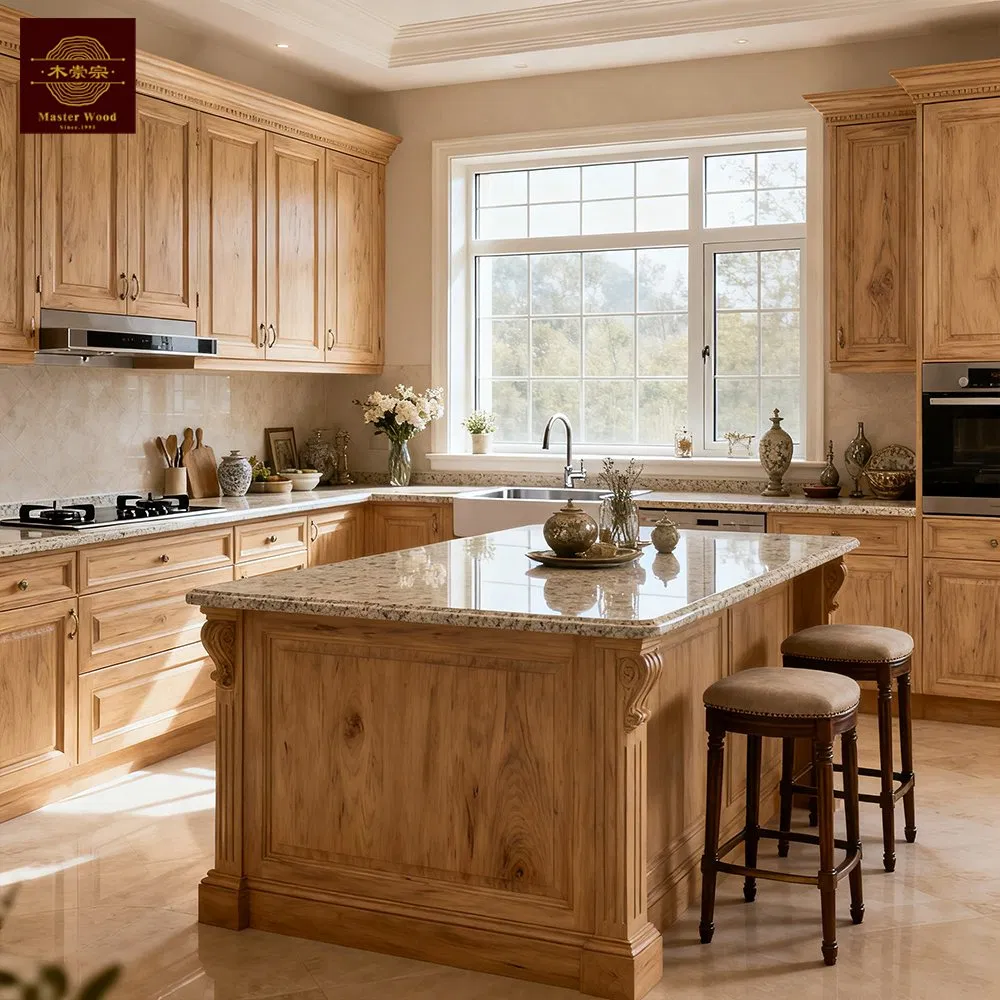 Custom U-Shaped Solid Wood Kitchen Cabinet Full Kitchen Furniture Set with Island Complete Whole House Renovation Supplier