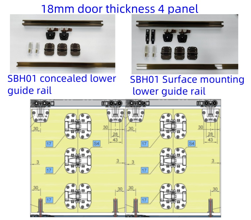 18mm Thickness Partition Hidden Sliding Folding Bifold Wooden Door Wardrobe Door Hardware System Fitting Kit with Spring Hinge