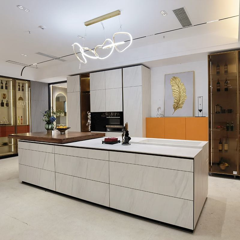 Modern Handleless Furniture Smooth Finshes Island Design Stainless Steel Luxury Kitchen Cabinets