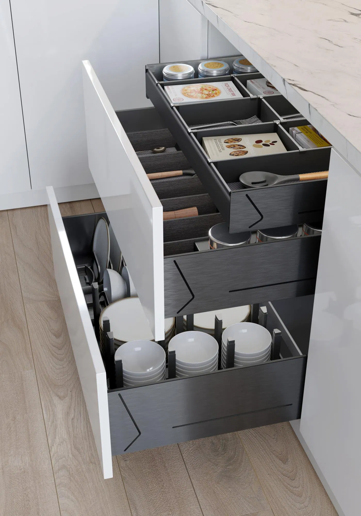 Medium-Capacity Retractable Drawer System for Modular Kitchen Cabinets