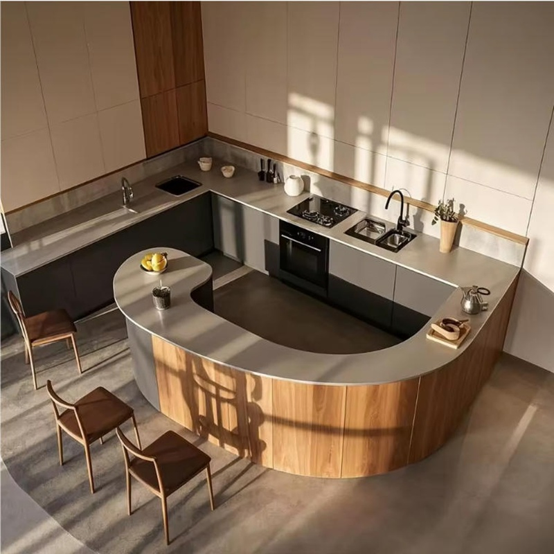 China Factory Supply Sustainable Curved Kitchen Pantry Cabinet Set Two-Tone White Matte Finish MDF Glass Faucet Reception