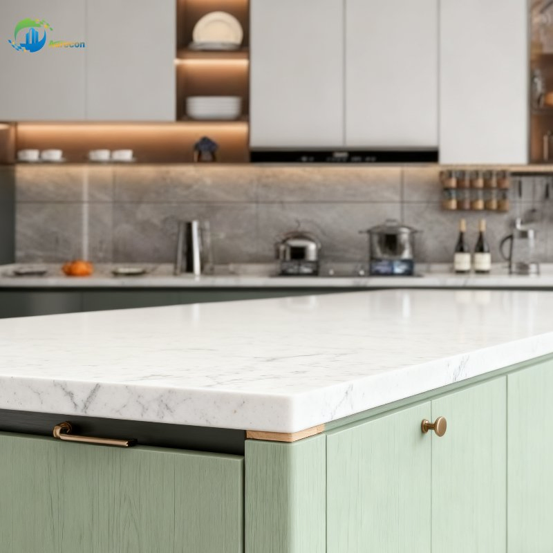 L-Shaped Light Green Kitchen Cabinets with Dishwasher