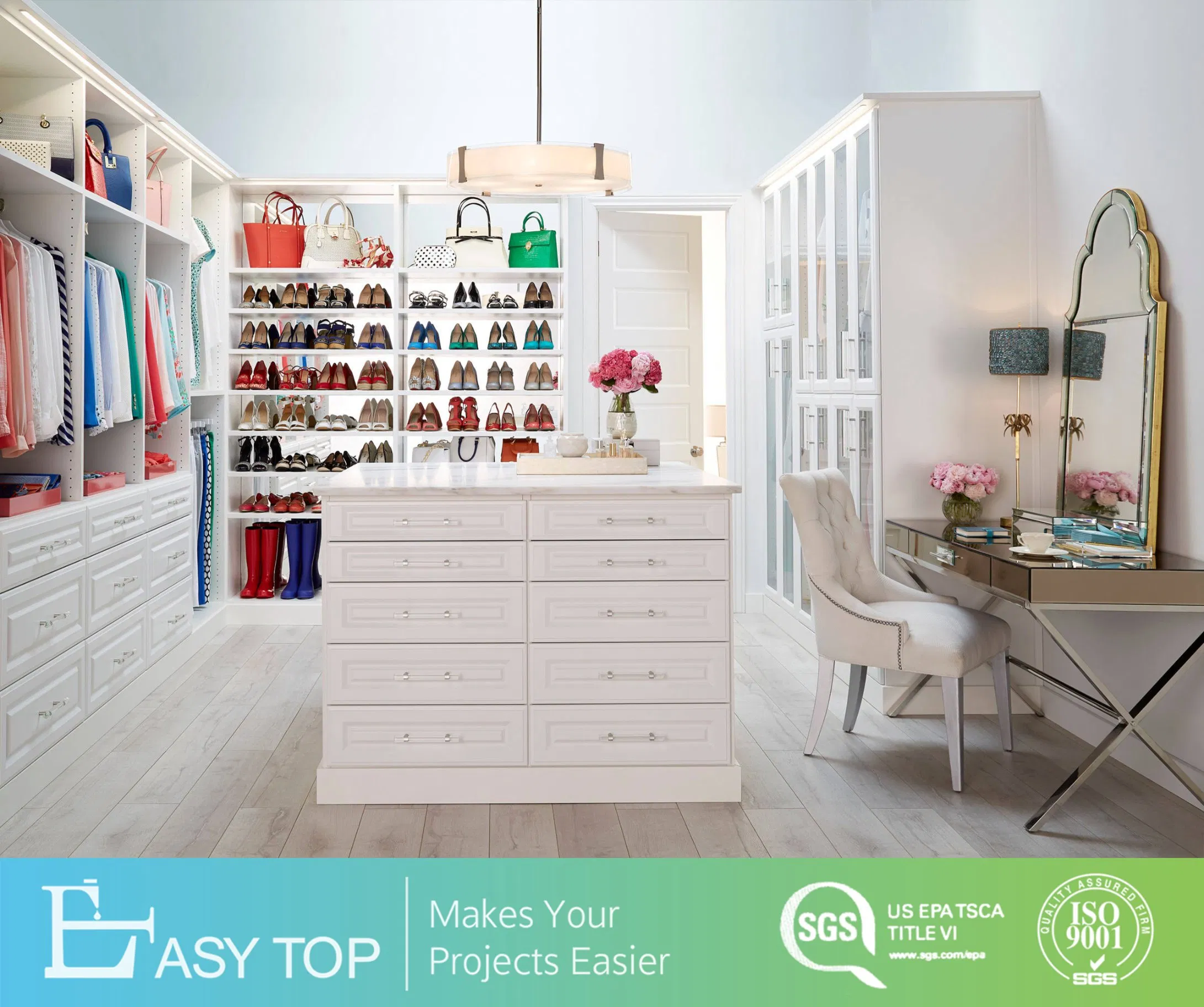 American Designs Bedroom Furniture Wardrobe Modern Style Melamine Board Aluminum Pole System Walk in Closet