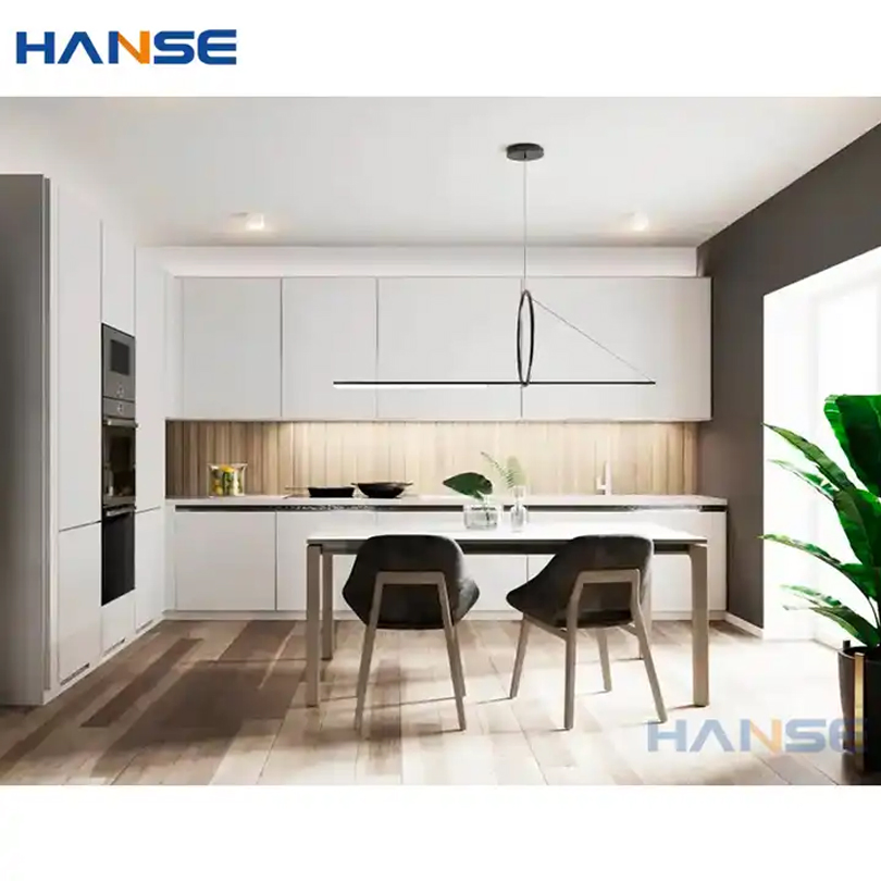 Handleless Gray Simple Island Kitchen Cabinets High Glossy Melamine MDF Chipboard Kitchen Cabinet