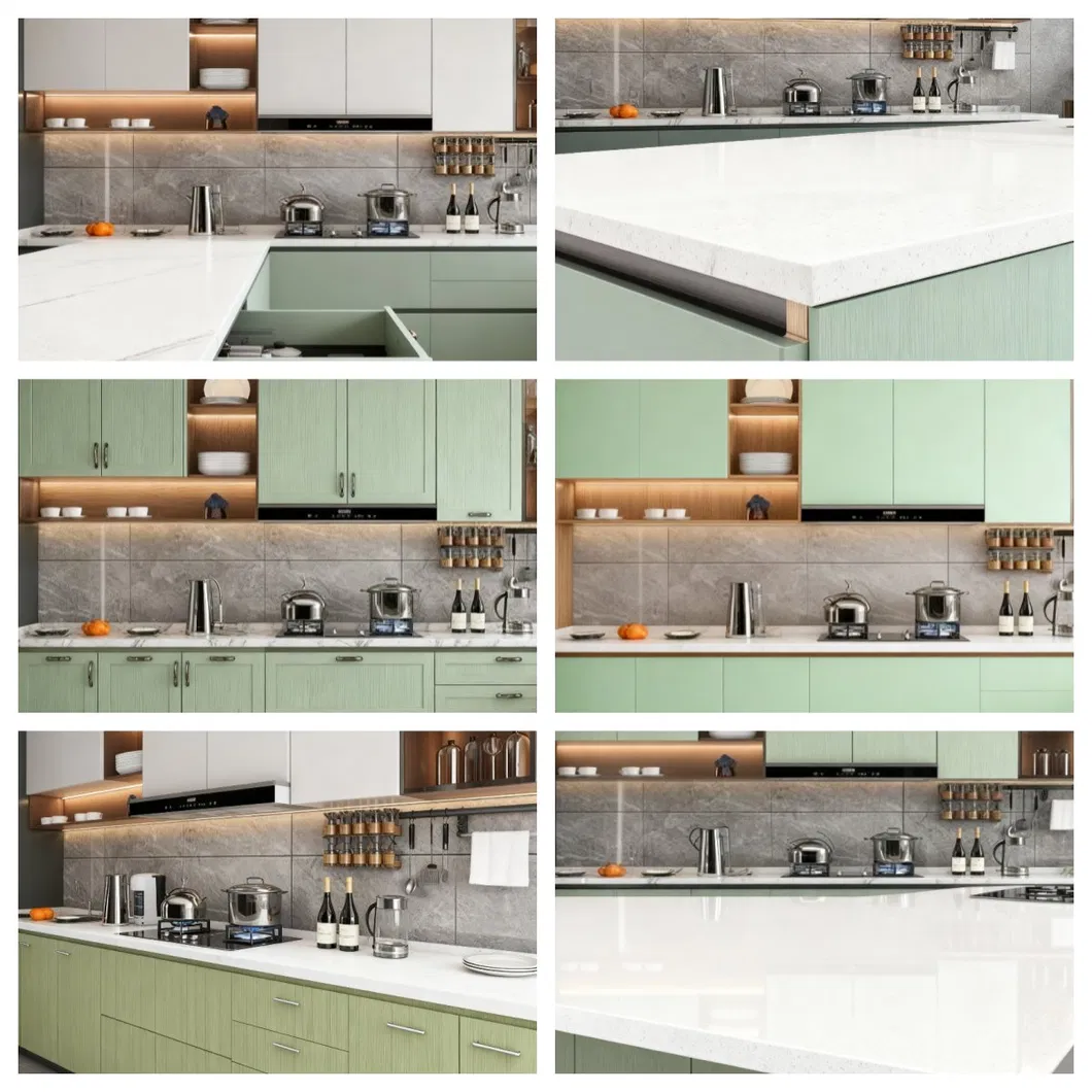 L-Shaped Light Green Kitchen Cabinets