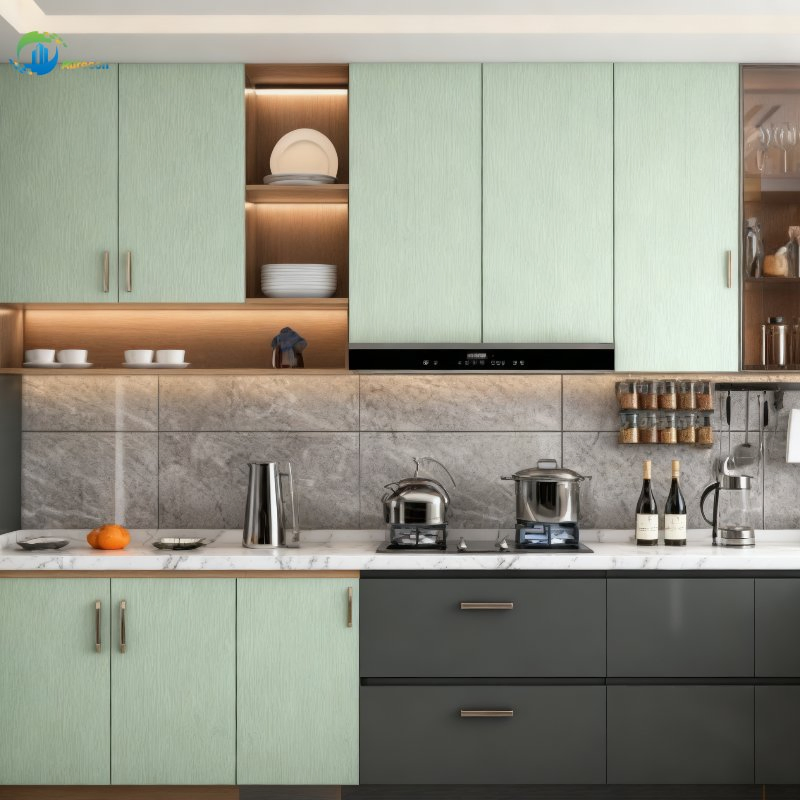 L-Shaped Light Green Kitchen Cabinets with Dishwasher