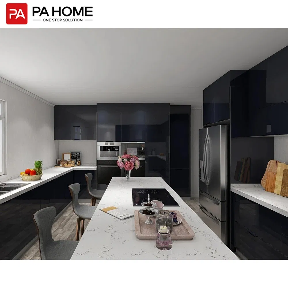 Quality Furniture Custom Two L-Shaped Design High Gloss Black Lacquer Kitchen Cabinets