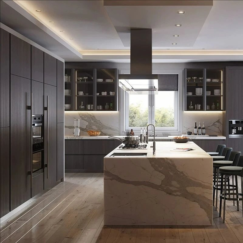 Modern Design Melamine Laminated Finish Wood Grain and Lacquer Finish MDF Handleless Kitchen Cabinet for Homeowner and Builder