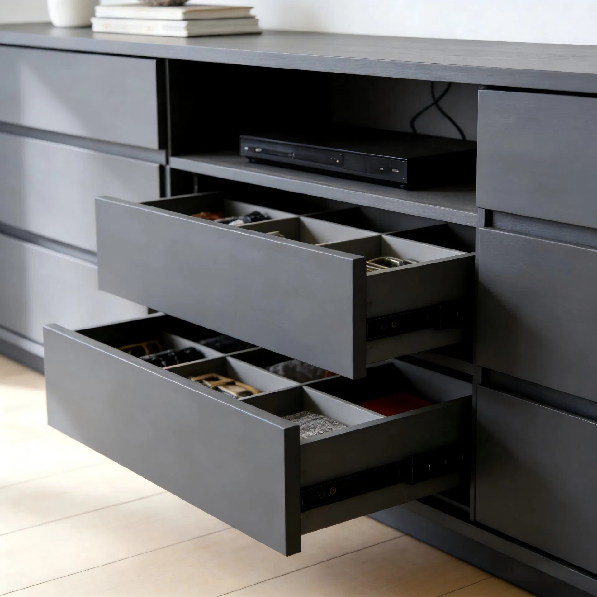 Modern Grey Living Room Media Cabinet with Compartment Storage