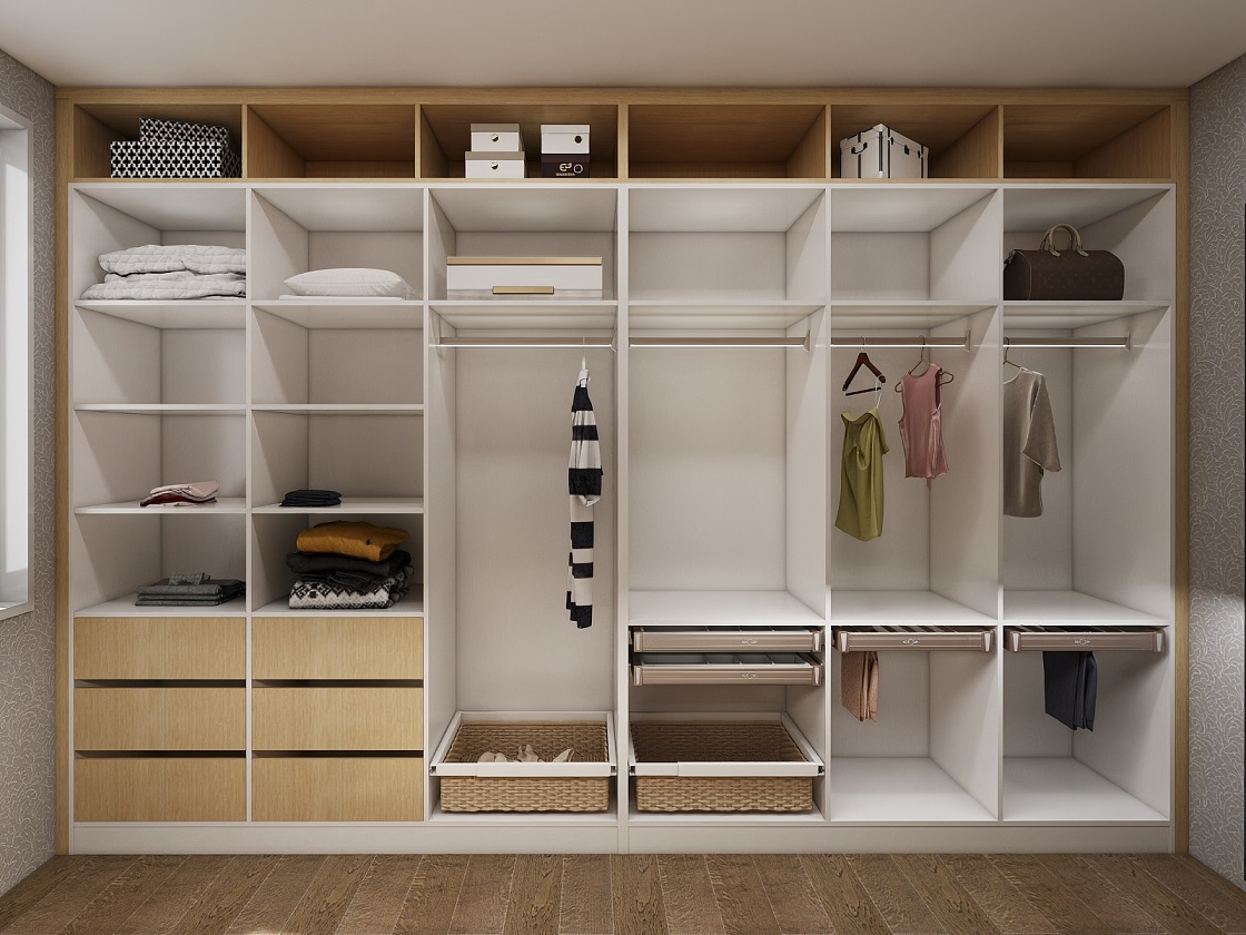 American Designs Bedroom Furniture Wardrobe Modern Style Melamine Board Aluminum Pole System Walk in Closet