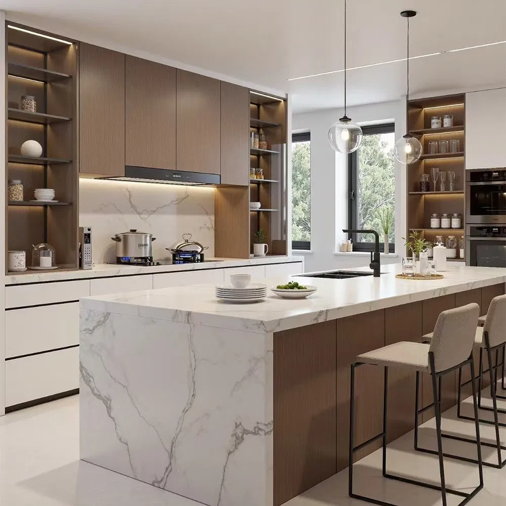Modern Handleless MDF Kitchen Cabinets with Push-to-Open Feature
