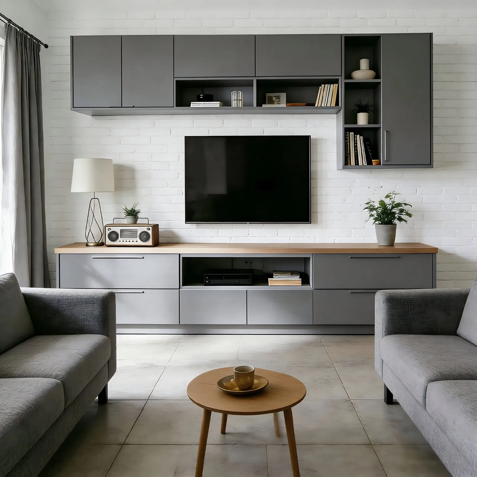 Modern Grey Living Room Media Cabinet with Compartment Storage