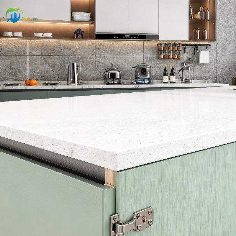 L-Shaped Light Green Kitchen Cabinets with Dishwasher