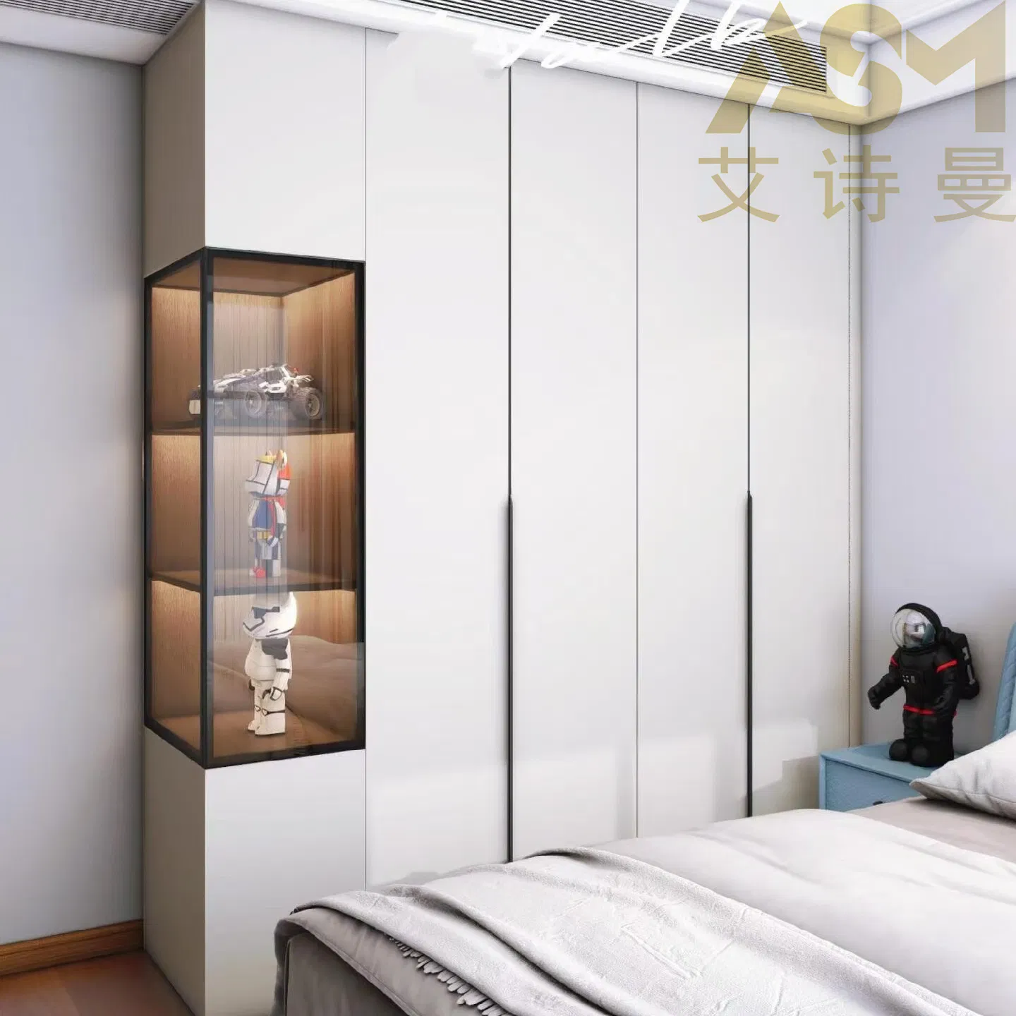 High End Closet Systems Tempered Glass Wardrobe with LED Light Wooden Custom Bedroom Wardrobe Bedroom Furniture Walk in Closet