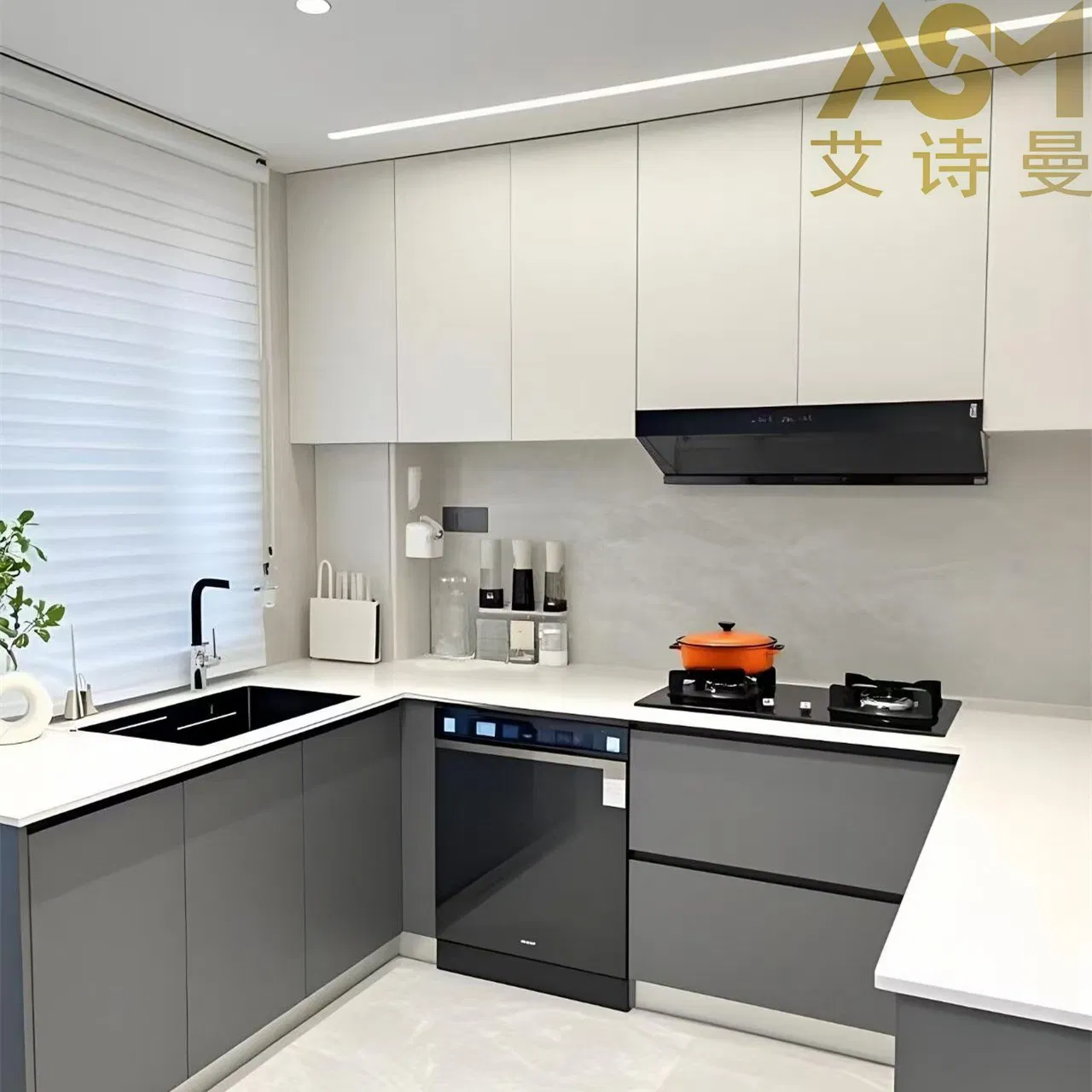 Asm Cream White L-Shaped Custom Set for Small Kitchens, E0-Grade Moisture-Resistant Panels, Includes Quartz Countertop Outdoor Flat Pack Design Kitchen Cabinet