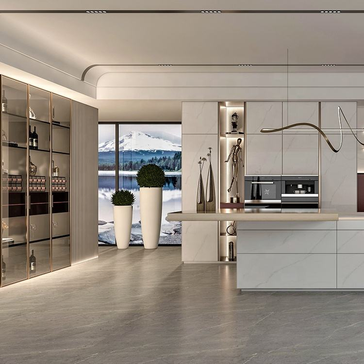 Modern Handleless Furniture Smooth Finshes Island Design Stainless Steel Luxury Kitchen Cabinets