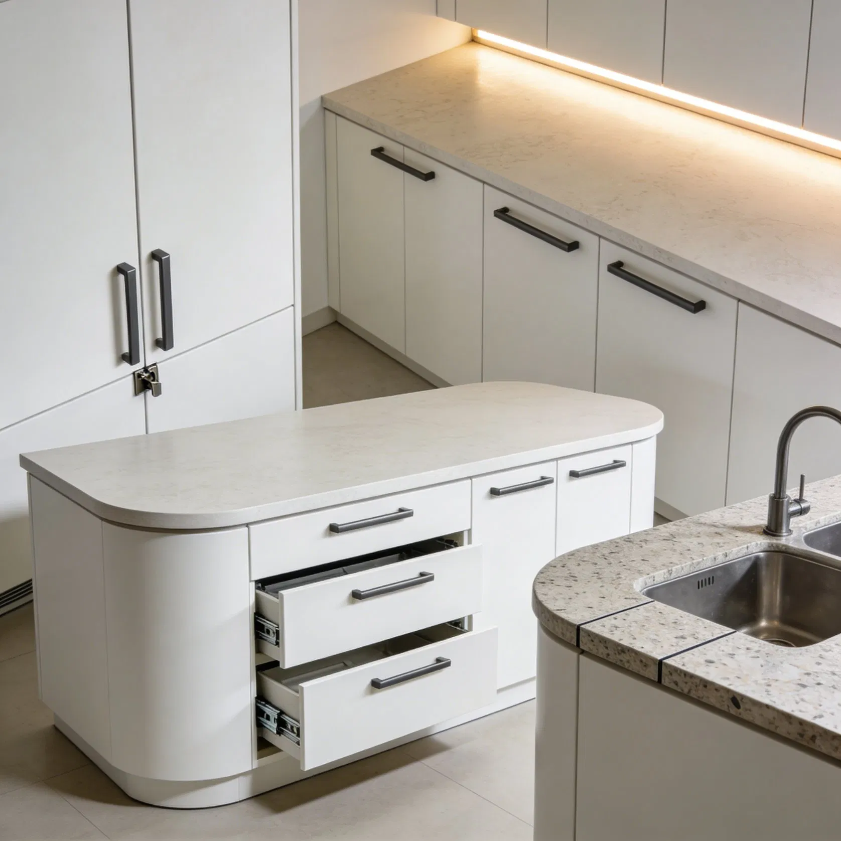 High-End Timeless Kitchen Cabinet with Premium Matte Finish, Seamless Curved Design &amp; Efficient Drawer Storage