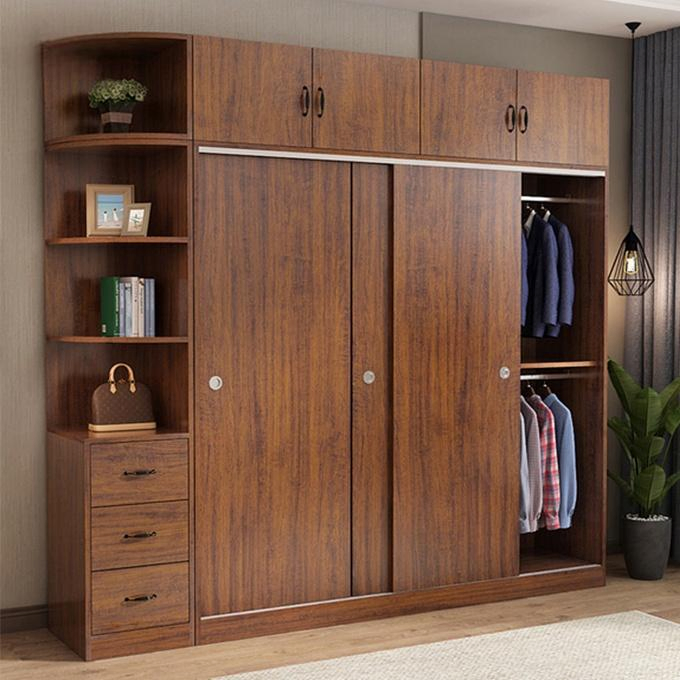 Modern Sliding Door Wardrobe with Brown Wood Grain and Multi-Functional Storage System